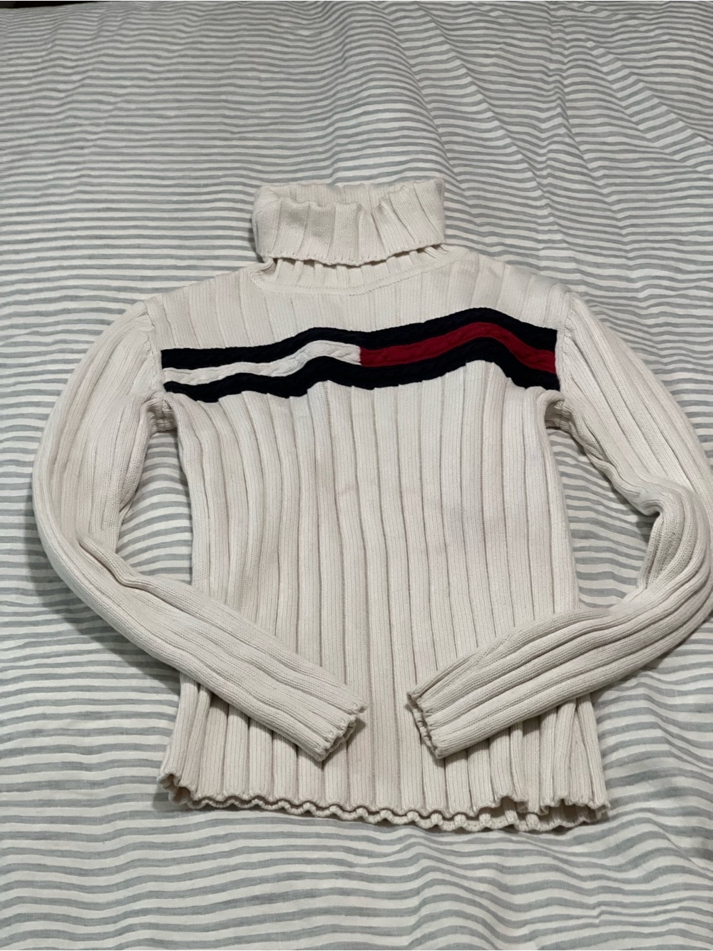 Tommy Hilfiger Cream Ribbed Turtleneck Sweater with Navy & Red Stripes